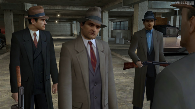 Image extraite du jeu. On y voit trois personnages habillés en costumes trois pièces, cravate et chapeau, des mitrailleuses Thompson à la main, dans un parking. Les modèles 3D semblent simplistes, mais les textures proche du photoréalisme pour l'époque rattrapent le tout.