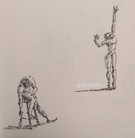 Black Fineliner on paper

Sketches of people, one person reaching up while standing, the other reaching down sitting