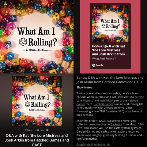 Social graphic composed of screenshots showing the latest episode of What Am I Rolling? being out on podcast platforms.