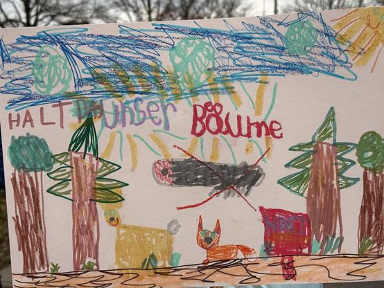 Foto eines Demo-Schilds, das ein Kind gemalt hat. Darauf zu sehen sind mit Filzstift gemalte Bäume und Tiere und Text „Halt das unser Bäume“.
