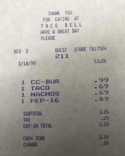 Taco Bell receipt from 1999