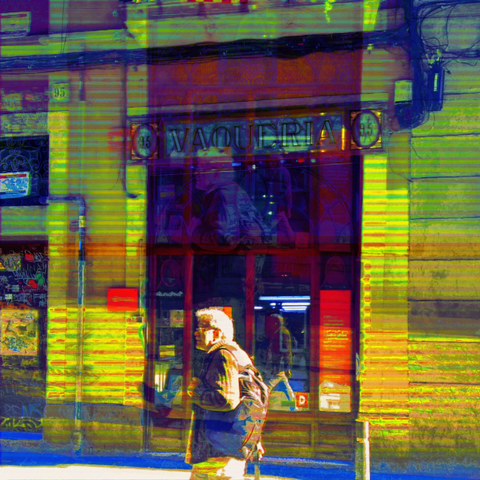 Barcelona digital glitch street photography, made with the GNU Image Manipulation Program, IMG-Encode, and Sonic Visualiser.