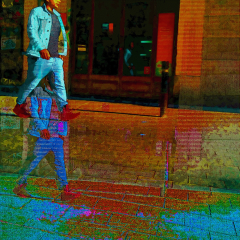 Barcelona digital glitch street photography, made with the GNU Image Manipulation Program, IMG-Encode, and Sonic Visualiser.