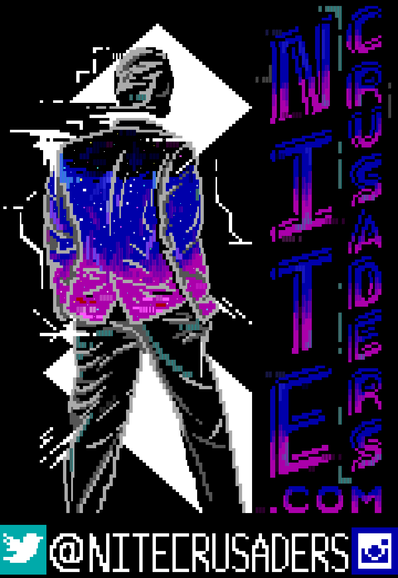 ANSI textmode art of a person facing away towards the horizon, dressed in a sports jacket with the text "Nite Crusaders" written vertically on the right side -- both the text and the person's jacket are colored with a blue-purple gradient