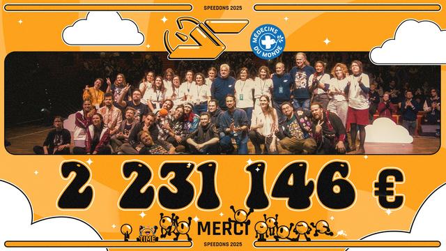 Le visuel final de SpeeDons 2025, affichant la somme de 2 231 146 €, montant final soulevé pour aider les actions de Médecins du Monde ainsi qu'une photo de l'équipe de cette édition.