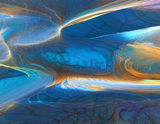 An abstract network of colorful, glowing streaks of light in fluid, fractal-like patterns on a cosmic, atmospheric blue background.