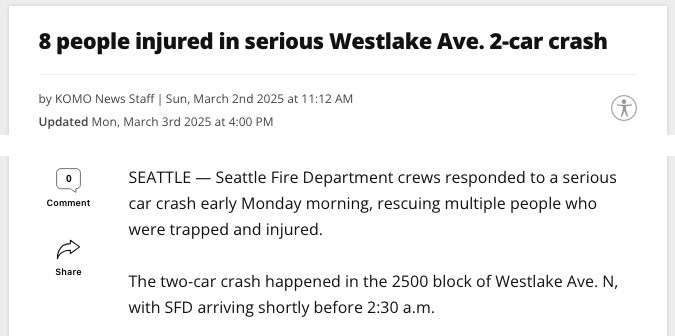 Screenshot from a story on the KOMO news website (www.komonews.com) describing a serious car accident. The current time is 5:45 PM on Sunday, March 2, 2025, but the story describes the crash as occurring shortly before 2:30AM "early Monday morning."