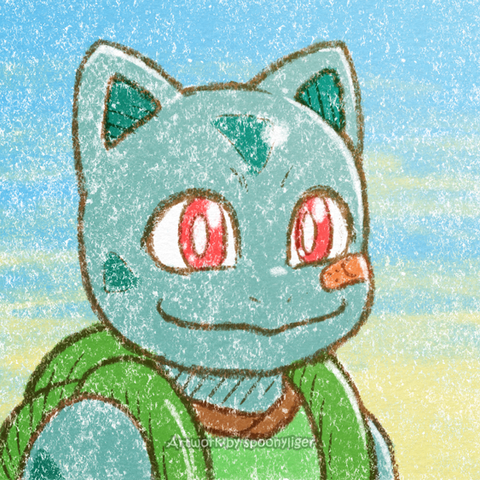 Digitally-handmade portrait artwork of an original character based on the Bulbasaur Pokémon, wearing a green sleeveless shirt, facing forward towards the right side of the image at a 3/4 angle with a smiling facial expression, on a blue-to-yellow gradient background.