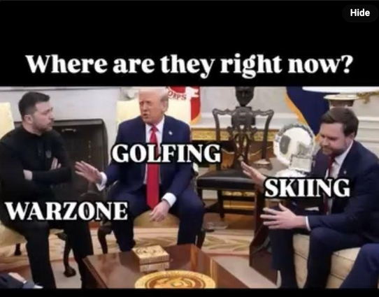 picture of Zelenskyy, Trump, and Vance. Under each man is the word, Warzone, Golfing, Skiin.