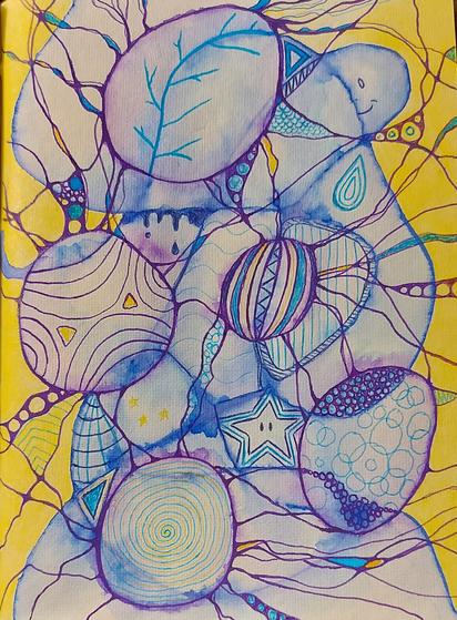 Abstract art made of squiggly lines and circles in purple and blue ink on a yellow background.