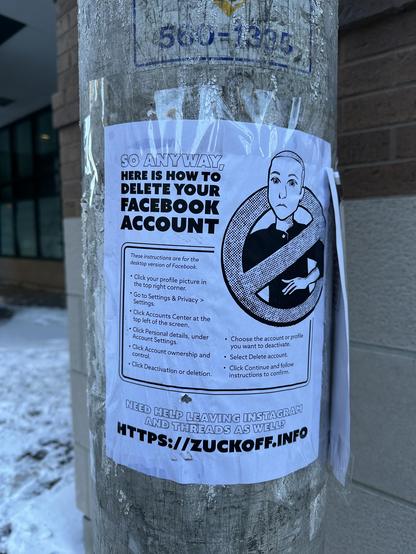 A poster in the street showing how to delete your facebook account. For more info visit ZUCKOFF.INFO