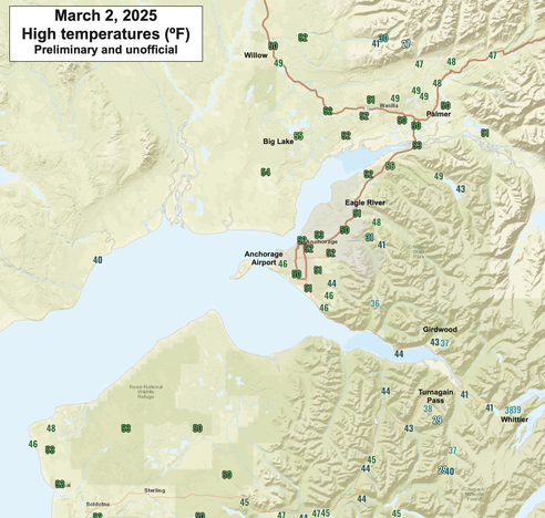 Map of southcentral Alaska centered on Anchorage and plotting reported high temperatures on Sunday, March 2, 2025.