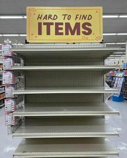 Aisle and shelves labeled Hard To Find Items. Shelves are empty