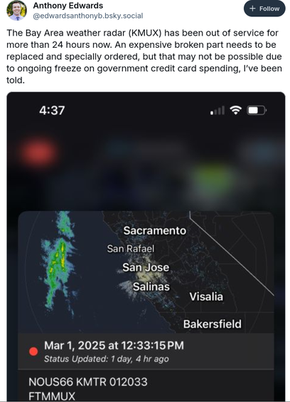 The Bay Area weather radar (KMUX) has been out of service for more than 24 hours now. An expensive broken part needs to be replaced and specially ordered, but that may not be possible due to ongoing freeze on government credit card spending, I’ve been told.