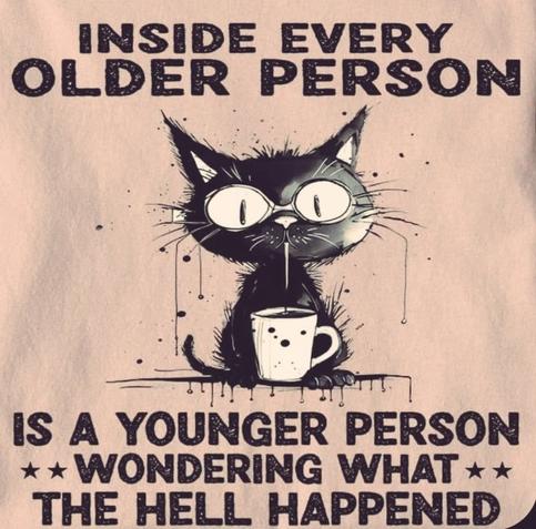Cat with a coffee cup,
Top Text: 
Inside every older person
Bottom Text:
Is a younger person
**wondering what**
The Hell Happened