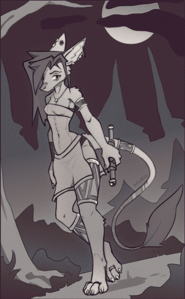 Illustration of a tall anthro rat woman stood in a forest. There is a full moon behind some clouds and she is holding some kind of scepter.