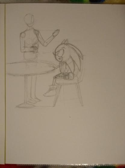 Partially drawn sketch of a faceless Princess Elise holding Sonic's coffee. A more fully drawn Sonic sits at the cafe table, smiling at her.