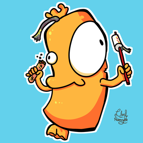 Masclet(firecraker) holding a mecha (thing to fire firecrackers) and a salida (a type of firecraker) with a big eye and a smirk.