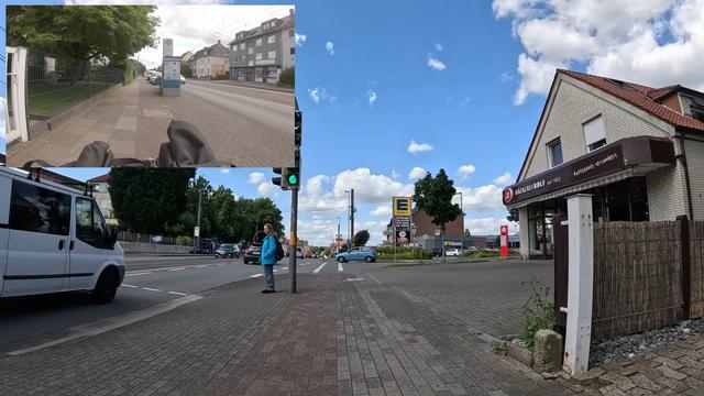 Dashcam-Aufnahme. Rechts ein Bäcker, aber davor explizite Autoparkflächen. Dahinter nochmal der Edeka mit eigenem Parkplatz.