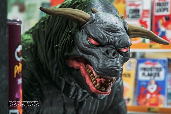 Terror dog walking down the isles of a supermarket