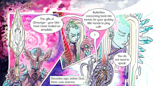 Sneak panels of a sci fi comic page with space elves being all sciency. It's all very magenta and crystaly