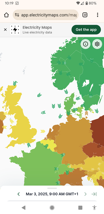 A map of North Western Europe, with countries coloured greener if their energy sources are more renewable