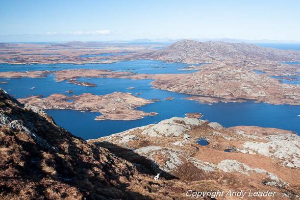 The beautiful North Uist landscape of water, moorlands and hills.