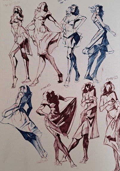 A collection of sketches of a woman in dresses. Done in blue and red fountain pen ink. Photo reference Cesar Art Studio. Sketches by Ellyrieve LVK