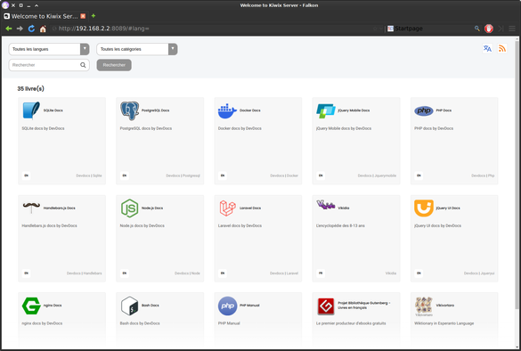 Screenshot of my local kiwix instance. with many documention for web dev (sqlite, postgresql, docker, jquery, php, handlebars, nodejs, laravel...)