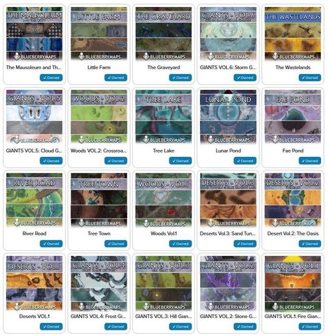 Captura de pantalla de todas las portadas de mis packs de mapas para juegos de rol. En este caso son las adaptadas para la web de Roll20, que son en formato cuadrado con mi logo en la parte de abajo. Están colocadas sobre fondo blanco.