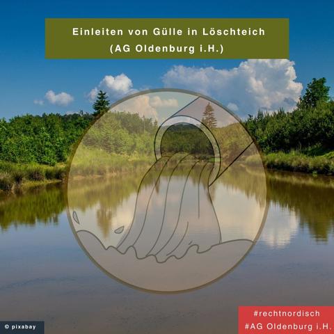 Bild eines Teiches im Wald, davor ein Rohr aus dem eine Flüssigkeit fließt als Grafik.
