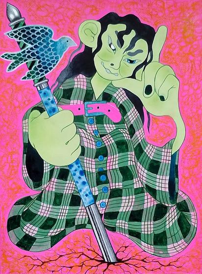A painting by Christine Lykke in neon pink and green tones depicting a character sitting in a checkered robe with a bird encrusted cane penetrating the ground, creating cracks.