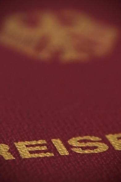 das foto im hochformat zeigt eine detailaufnahme eines deutschen reisepasses.
unten am bildrand im fokus sind die buchstaben "eis" zu lesen.
oben am bildrand ist der brd-adler in unschärfe zu sehen.
buchstaben und adler sind goldgelb. der fond ist ein textiles weinrot.
