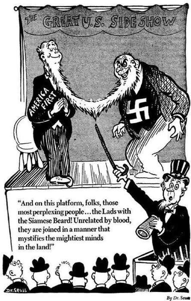 A group of men with exaggerated, oversized beards are depicted. The beards grow together and intertwine, creating a visual representation of unity among the men, who are portrayed as part of the "America First" isolationist movement. The men are shown in stiff, formal clothing, with their faces exaggerated in typical Seuss style. The connected beards symbolize their collective but misguided beliefs, and the over-the-top, comical nature of the image highlights the absurdity of their ideas. The minimal background keeps the focus on the men and their growing beards, emphasizing the cartoon's satirical message about the dangers of isolationism.