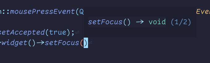 Code completion preview in helix, currently showing “setFocus() -> void (1/2)”