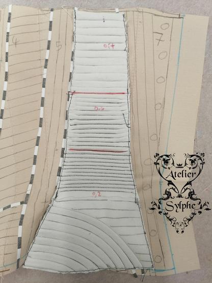 Étude pour un corset avec l’emploi de corde de chanvre pour tendre la matière et ne pas utiliser de baleinage métallique. Photocopie du tissu pour accord de placement de motifs, test de choix cordes, proposition de style patronage... Pour le rôle de rose (Manon Clavel) dans la série Winter Palace