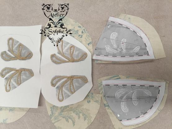 Étude pour un corset avec l’emploi de corde de chanvre pour tendre la matière et ne pas utiliser de baleinage métallique. Photocopie du tissu pour accord de placement de motifs, test de choix cordes, proposition de style patronage... Pour le rôle de rose (Manon Clavel) dans la série Winter Palace