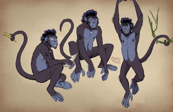 A digitally colored sketch page of myself as a Spider Monkey. On the left, I'm sitting down while holding a piece of paper in hand, looking upwards. On the middle, sitting down while looking towards the viewer. Lastly on the right, hanging from a branch using my arms and tail.

Signed, AngeloFalls