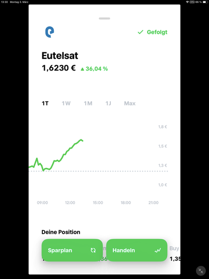 Eutelsat stock on the rise, screenshot Trade Republic app.