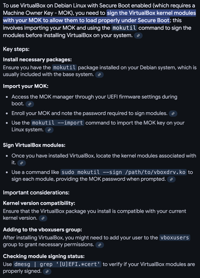 AI's description of MOK setup for Virtualbox on Debian GNU/Linux.