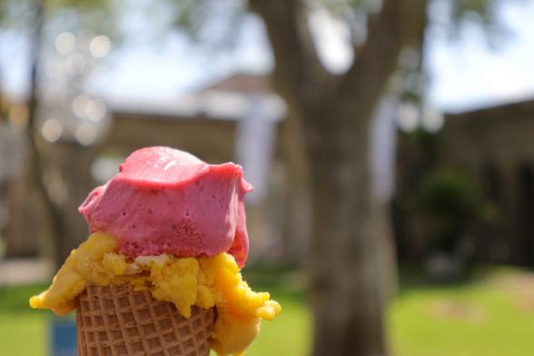 Zwei Eiskugeln in einer Waffel, der Hintergrund ist unscharf