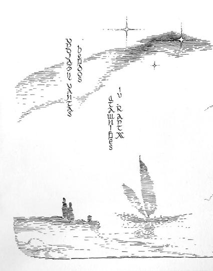 eine Tuschezeichnung eines Segelbootes im Nebel. Oben sind Sterne zu erkennen. Linkerhand stehen zwei Menschen an Land. Darüber in vertikaler Schreibweise stehen einige Worte eines Gedichts in einer fremden Sprache und Schrift.