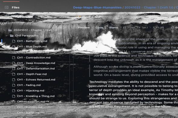 A modified screenshot of the GitHub repository for Deep Maps: Blue Humanities, featuring dark waves.