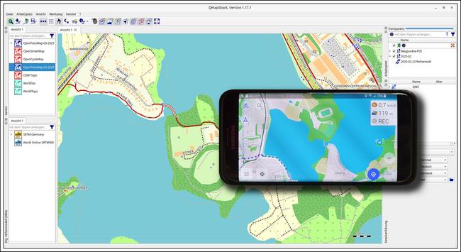 Bildbeschreibung:
Mein Navi-Handy, vor der aktuellen Kartenansicht von QMapShack.