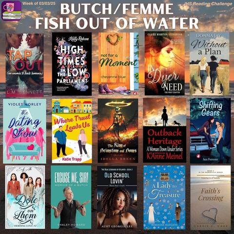 Book covers for the I Heart SapphFic reading challenge category for the week of 03/03/25 on a shoreline/distant horizon background: Fish Out of Water.