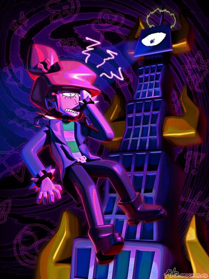 Fanart of the character Pandora from the game Mindwave floating in front of a tower while clutching her head on a purple swirling background.