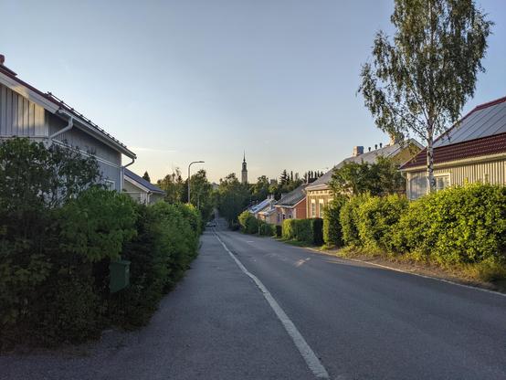 Une rue de Tampere, bordée de vieilles maisons en bois de part et d'autre. Le quartier est très arboré, le ciel est bleu, lumière de fin de journée. Au fond, un clocher dépasse des arbres.