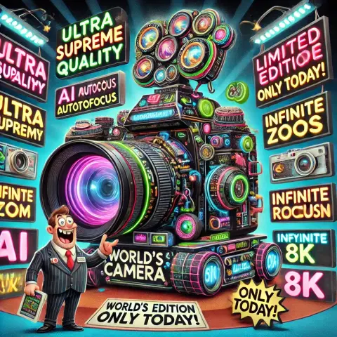 An AI generated image that shows the world's best camera. It is over the top and stupid