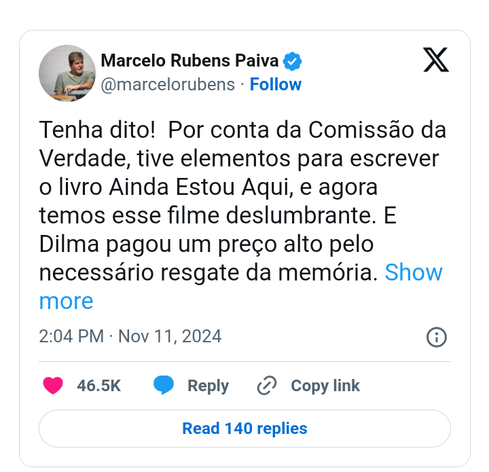 Print do X de Marcelo Rubens Paiva.