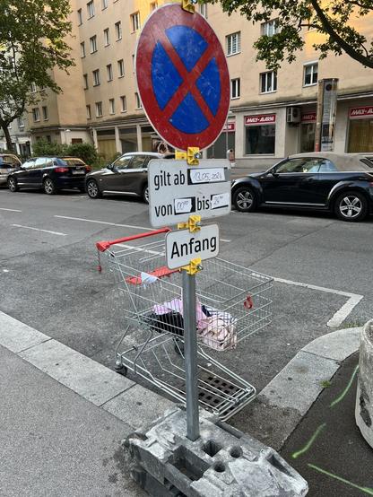 Parkplatz in dem ein Einkaufswagen steht. Davor ein „Halten und Parken Verboten“ Schild.